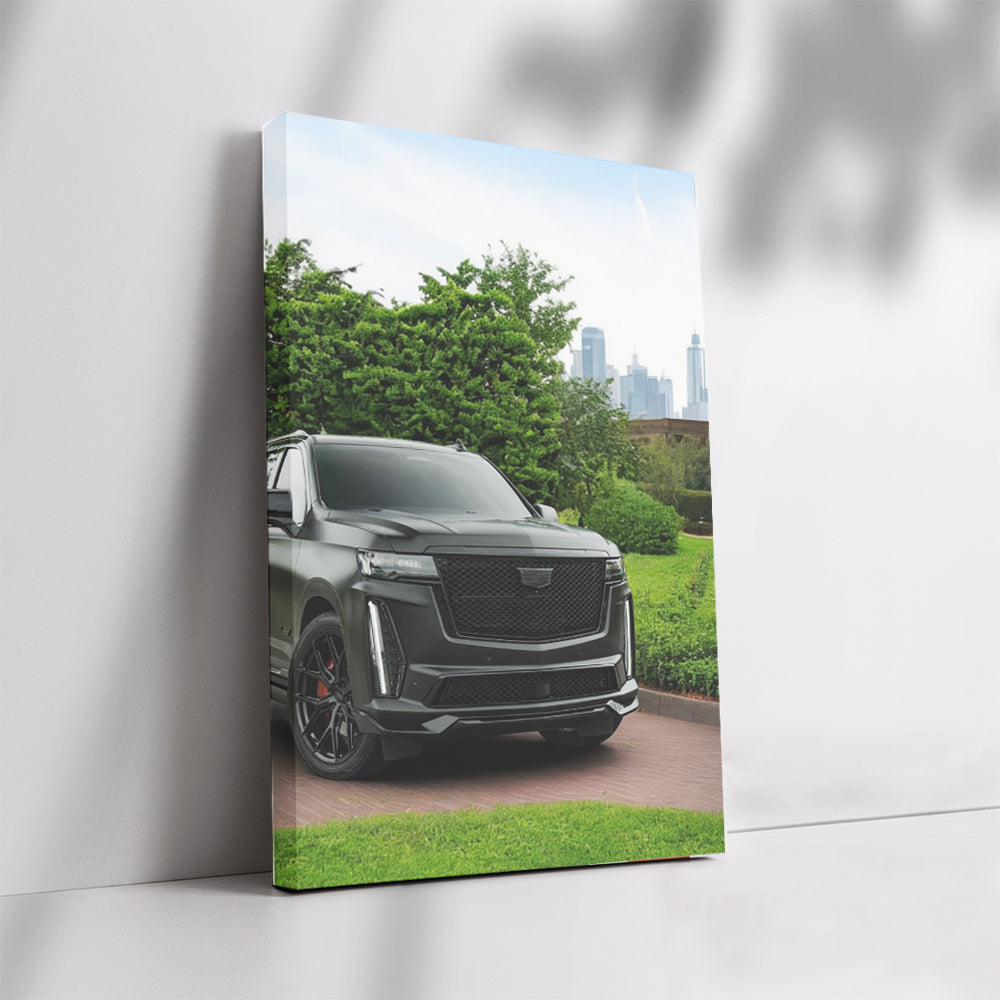 Black Cadillac Overlooking Cityscape - Elegance in Motion