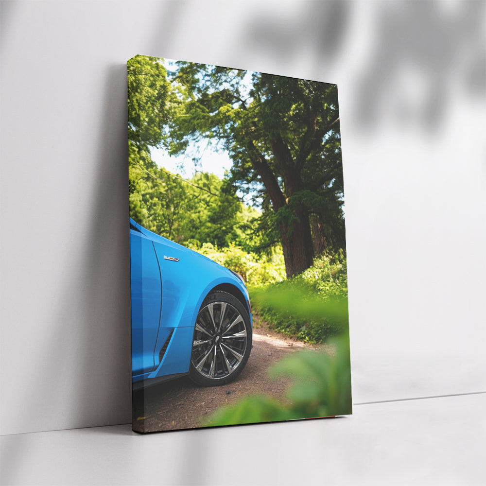 Cadillac Blue Amidst Trees - Vintage Elegance