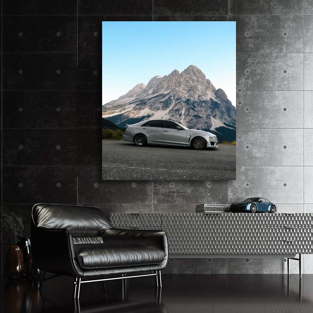 Cadillac Gray with Snowy Mountains - Luxury in Motion