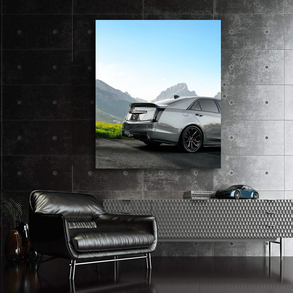 Cadillac in Gray Before Snowy Peaks - Elegant Powerhouse