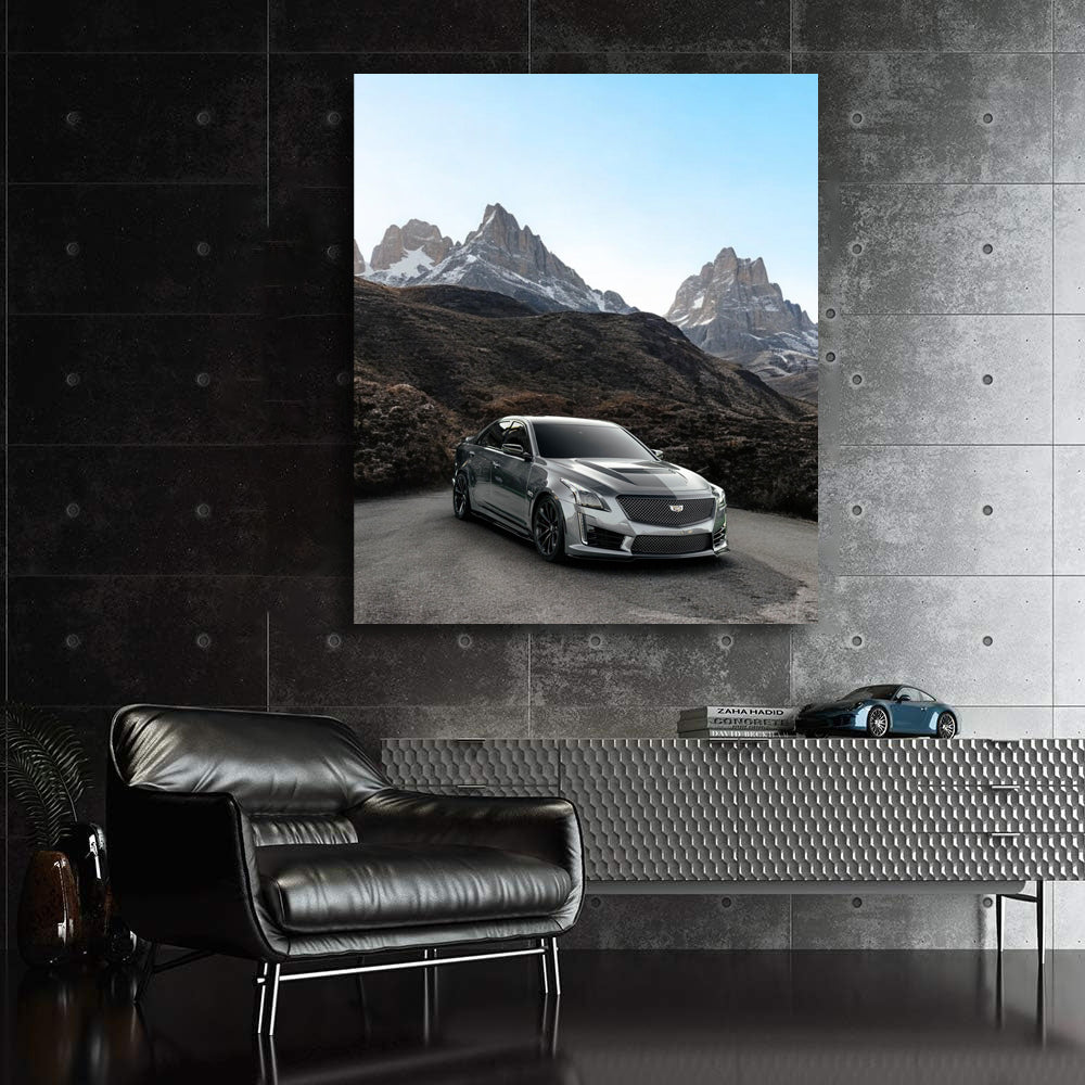 Gray Cadillac with Snowy Mountains - Elegance and Power