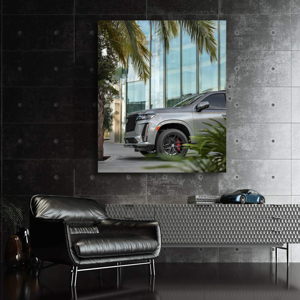 Cadillac in Gray beneath Palm Tree - Classic Elegance