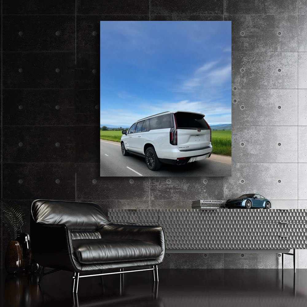 White Cadillac Cruising Highway - Elegance in Motion