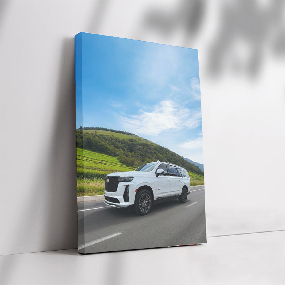 Elegant White Cadillac Cruising Highway - Classic Ride