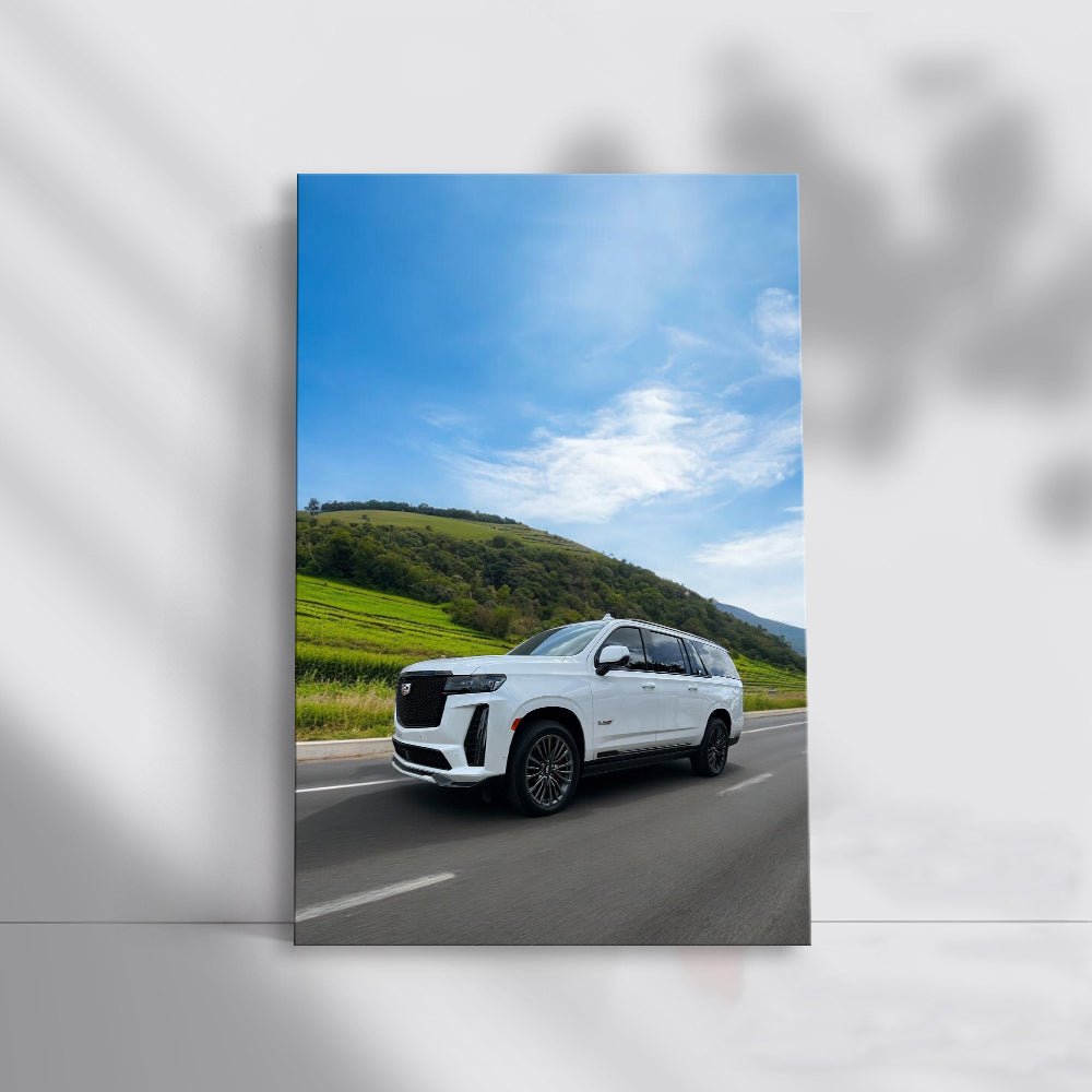 Elegant White Cadillac Cruising Highway - Classic Ride