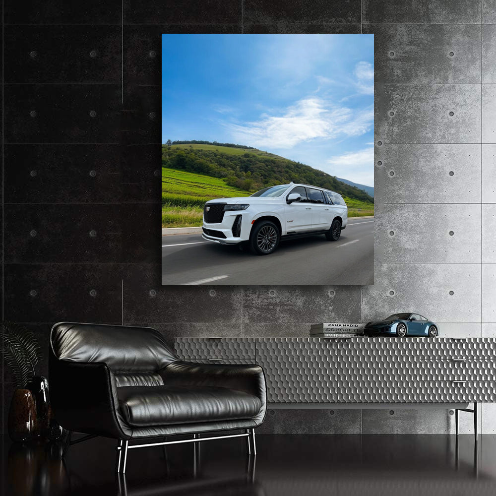 Elegant White Cadillac Cruising Highway - Classic Ride