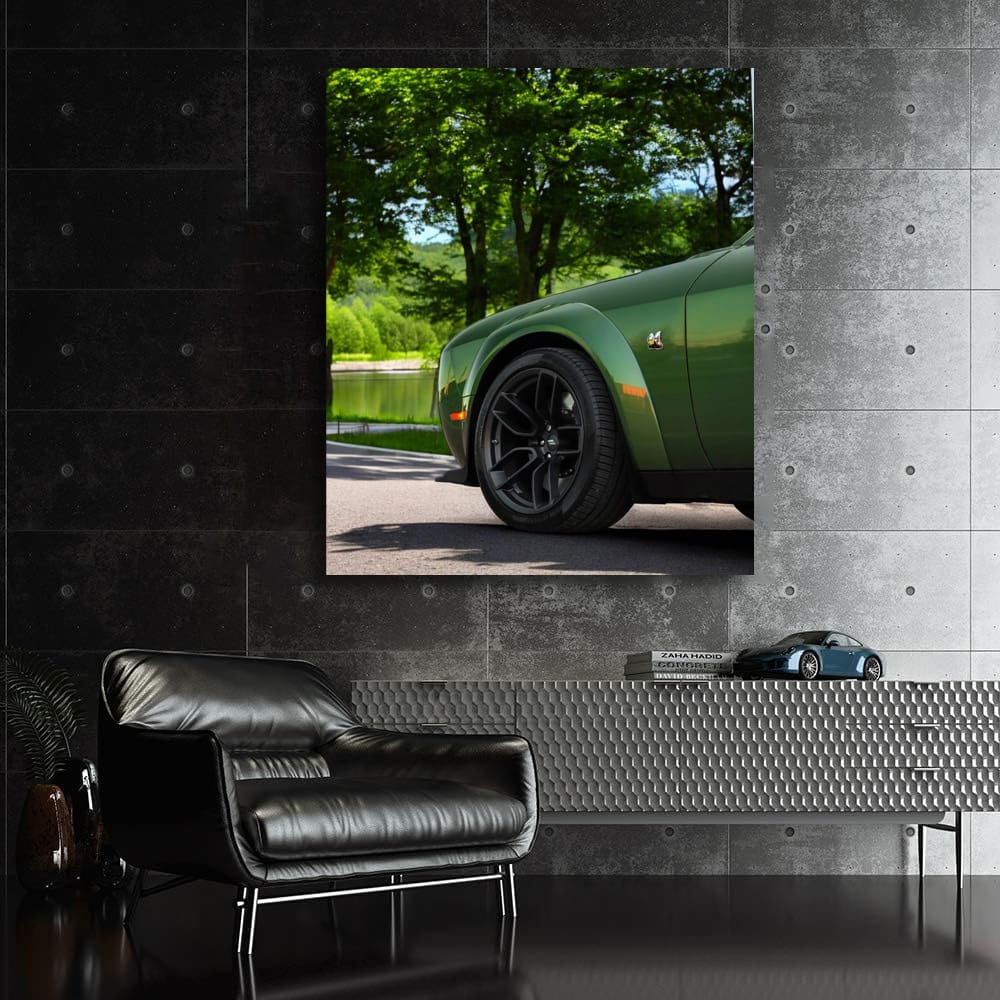 Green Dodge Challenger in Park - Bold Power on Wheels