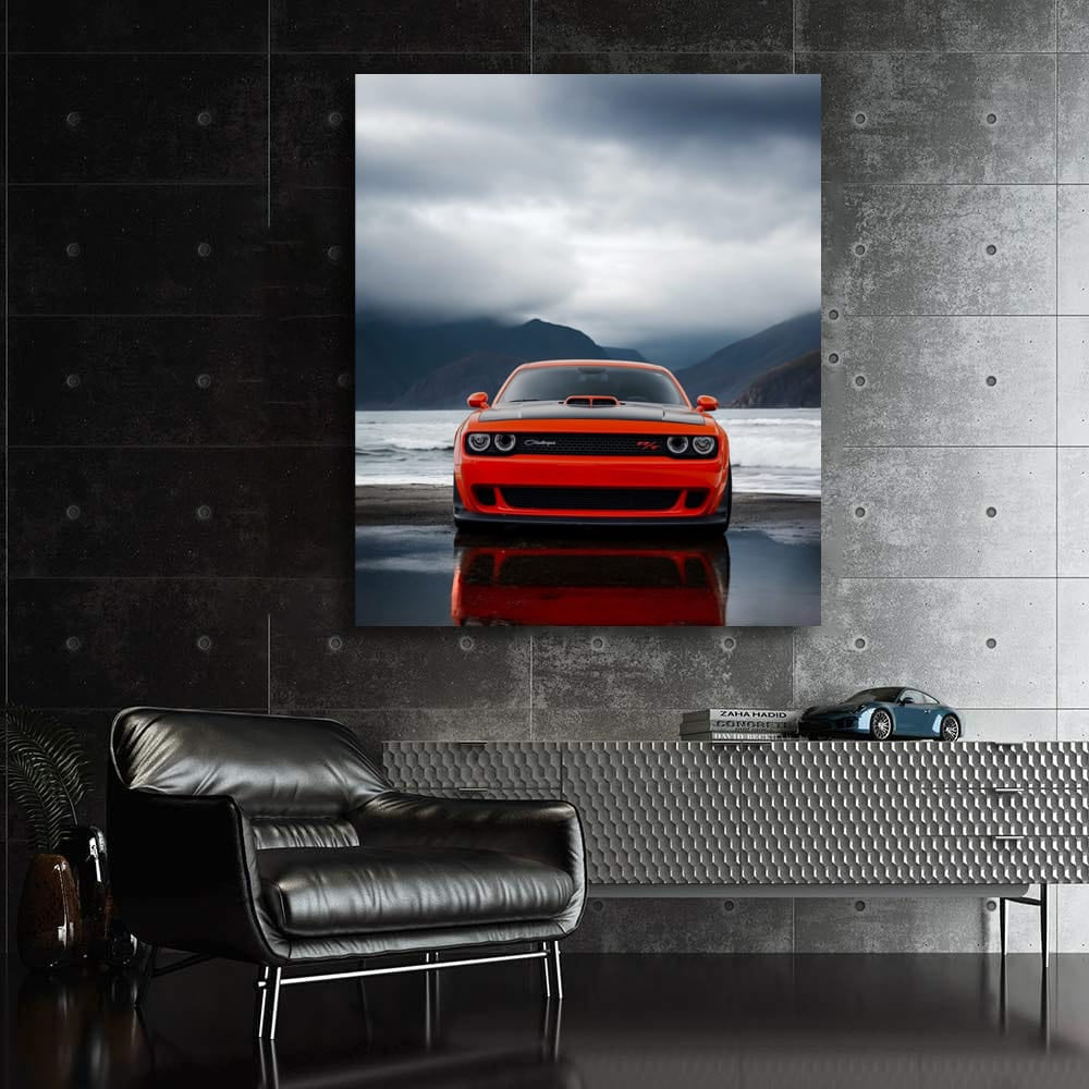 Dodge Challenger in Cloudy Mountain Landscape - Power Unleashed