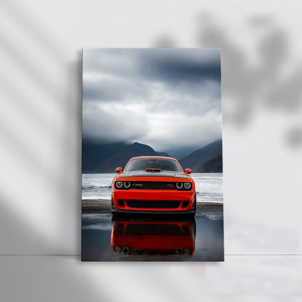 Dodge Challenger in Cloudy Mountain Landscape - Power Unleashed
