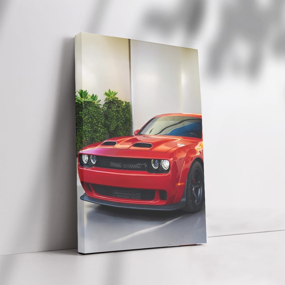 Red Dodge Challenger in Parking Lot - Bold and Powerful