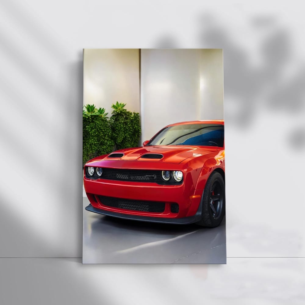 Red Dodge Challenger in Parking Lot - Bold and Powerful