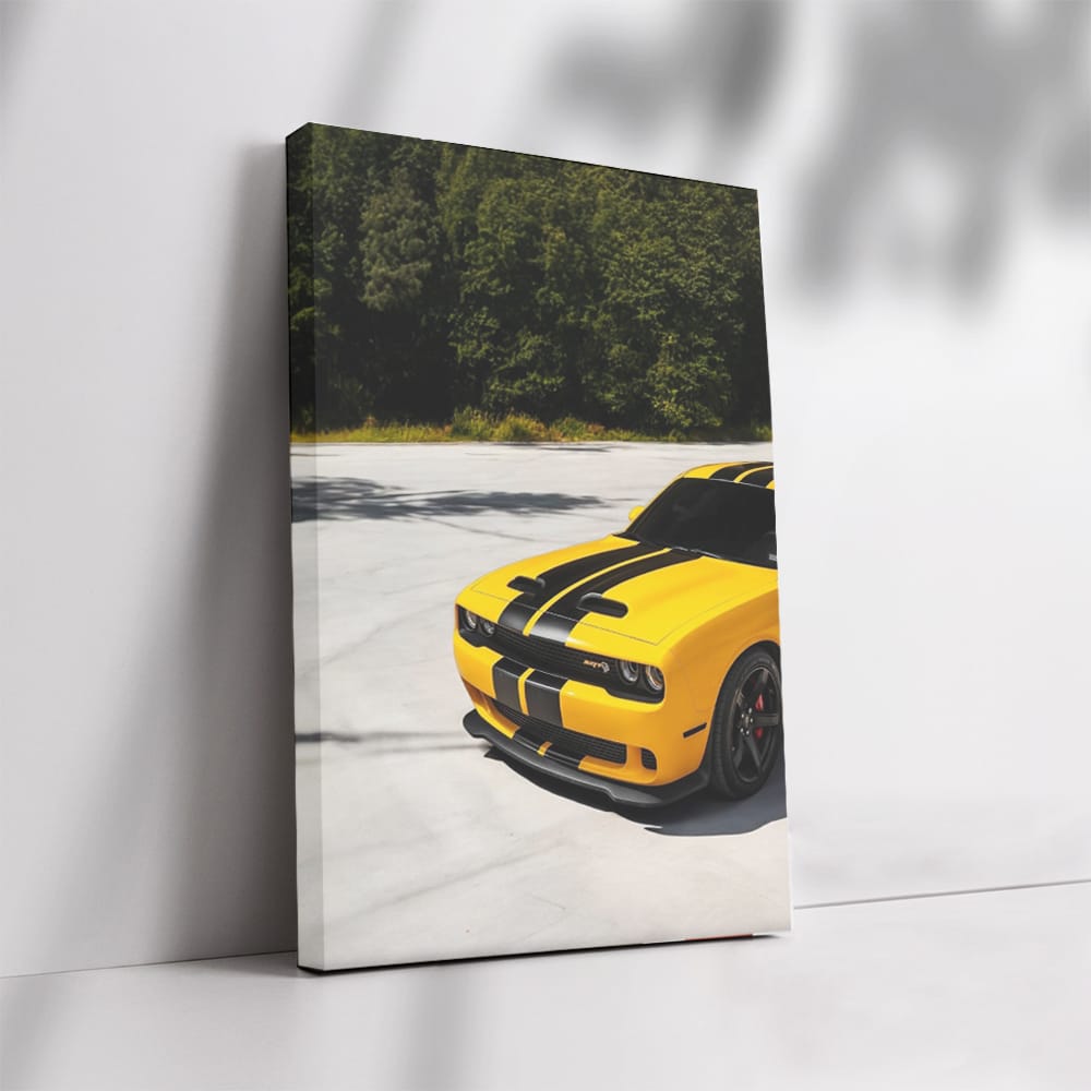 Bold Yellow Dodge SRT Roaring in Forest - Power and Speed