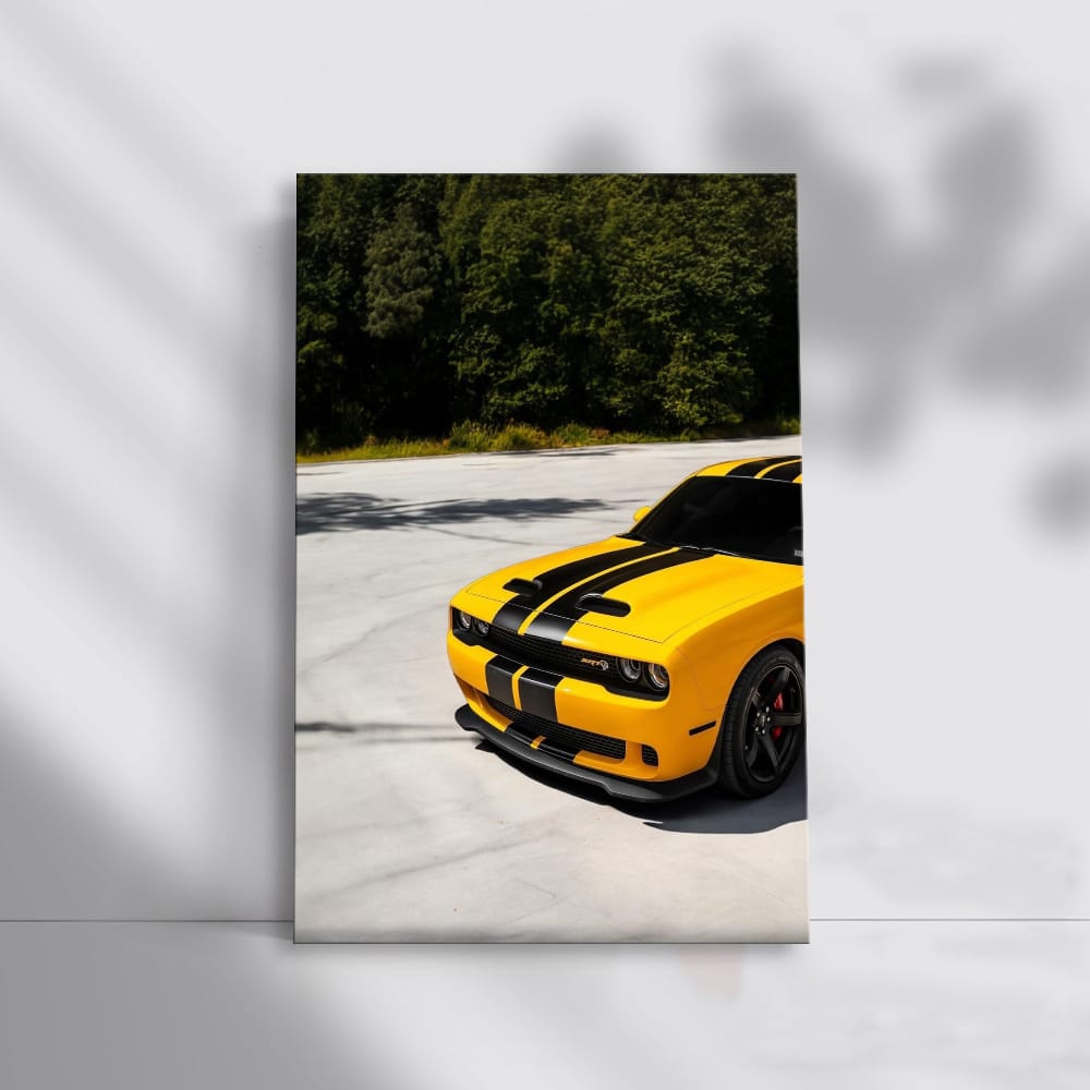 Bold Yellow Dodge SRT Roaring in Forest - Power and Speed