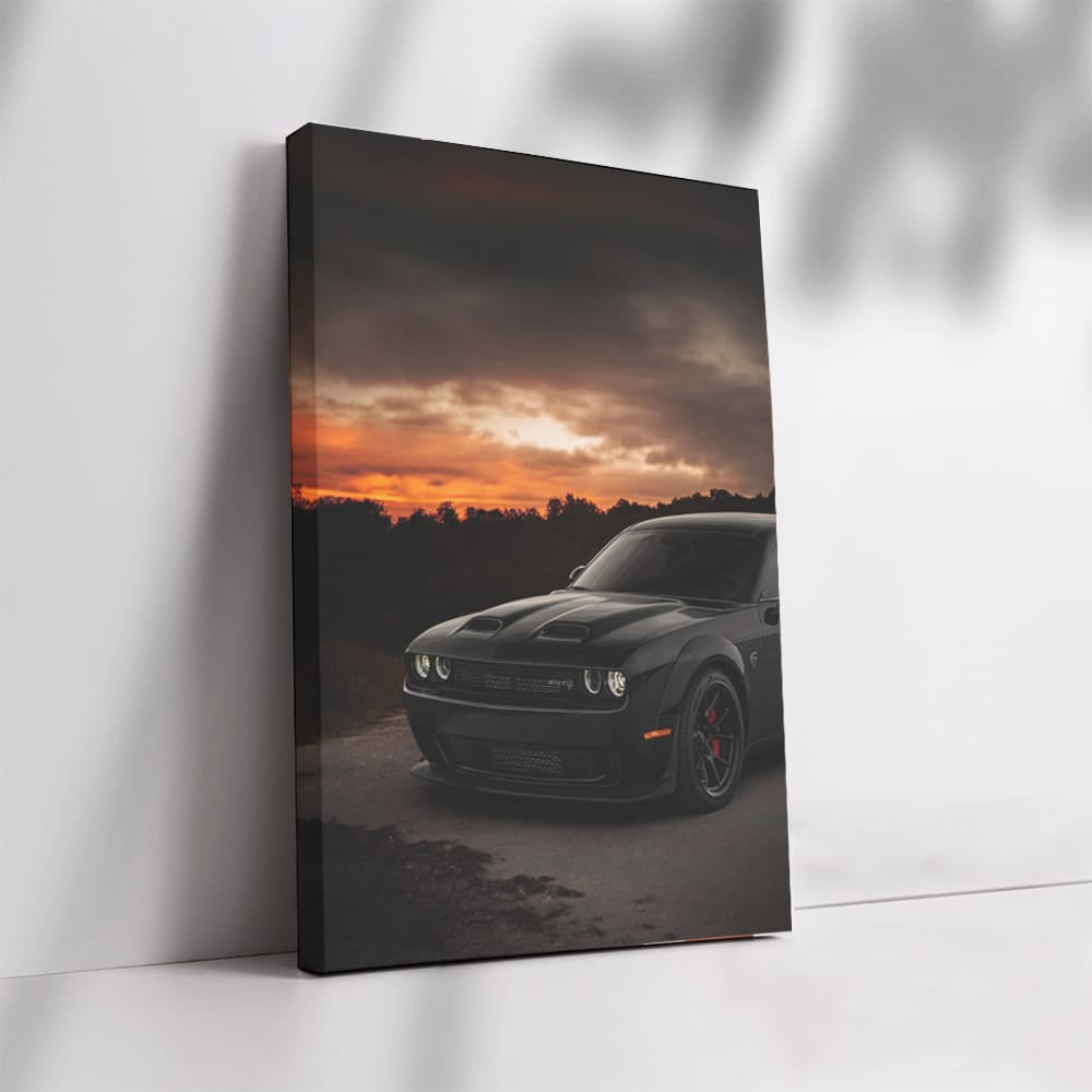 Black Dodge at Sunset - Sleek and Powerful Ride