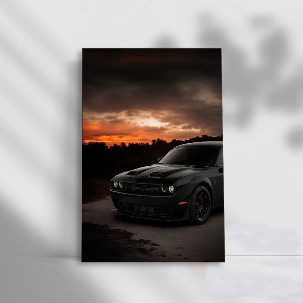 Black Dodge at Sunset - Sleek and Powerful Ride
