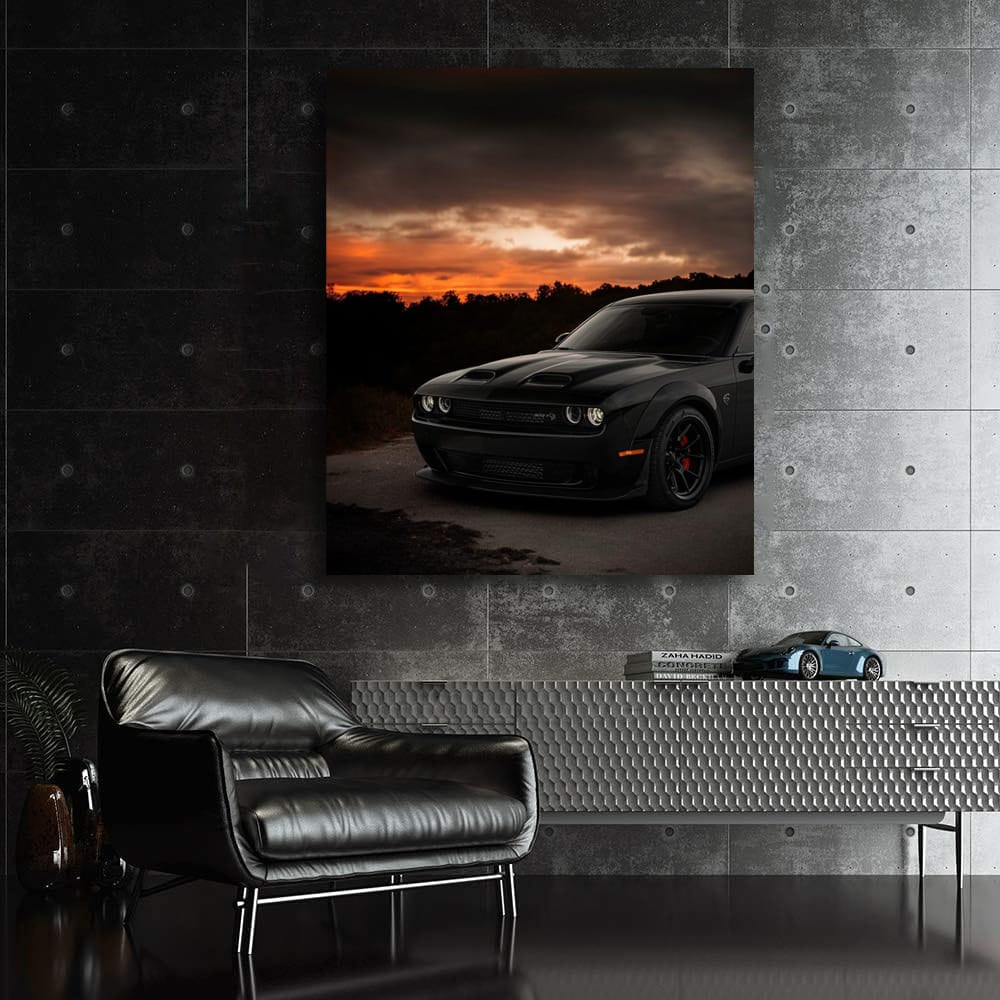 Black Dodge at Sunset - Sleek and Powerful Ride