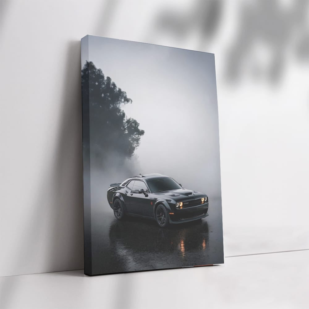 Black Dodge in Fog - Sleek and Mysterious Ride