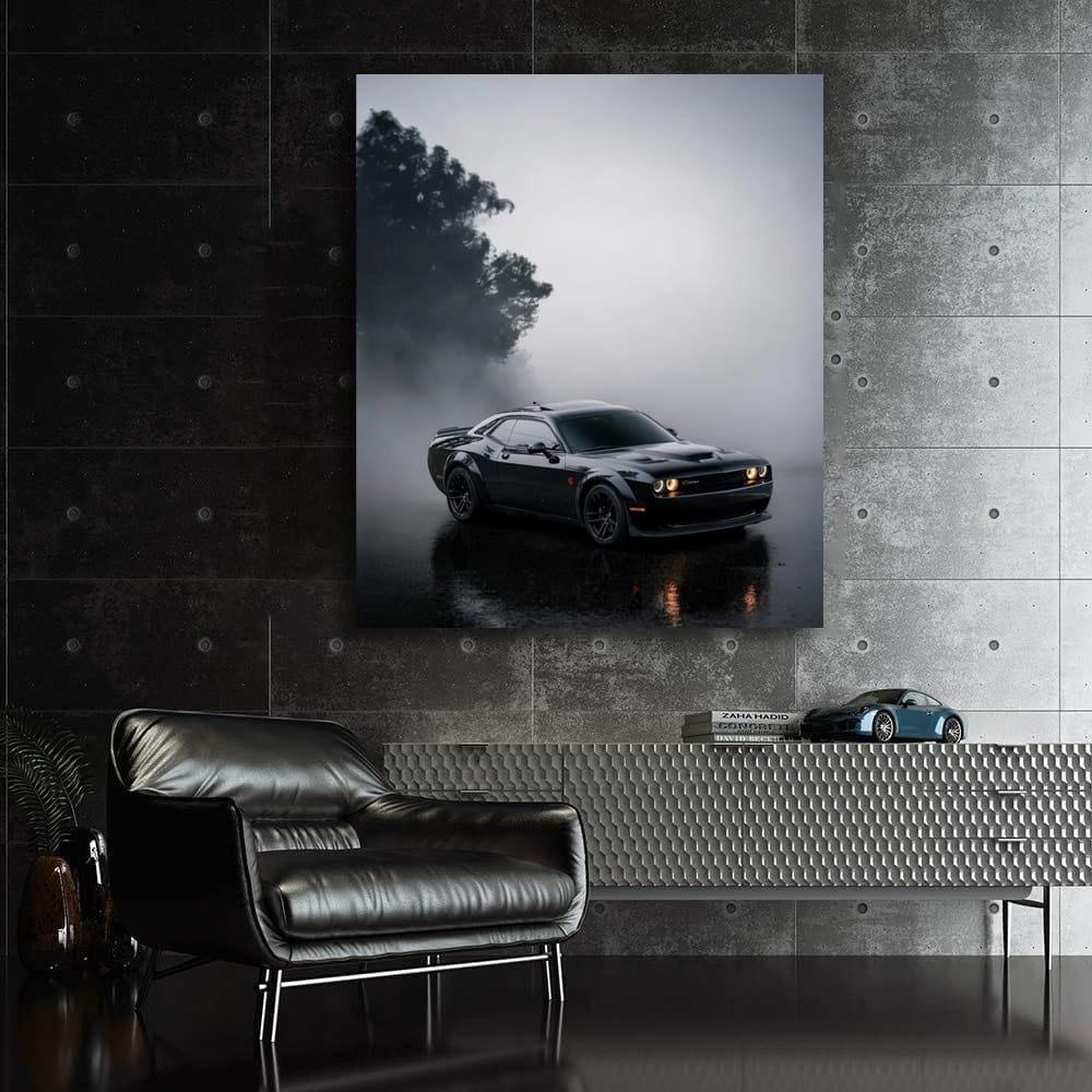 Black Dodge in Fog - Sleek and Mysterious Ride