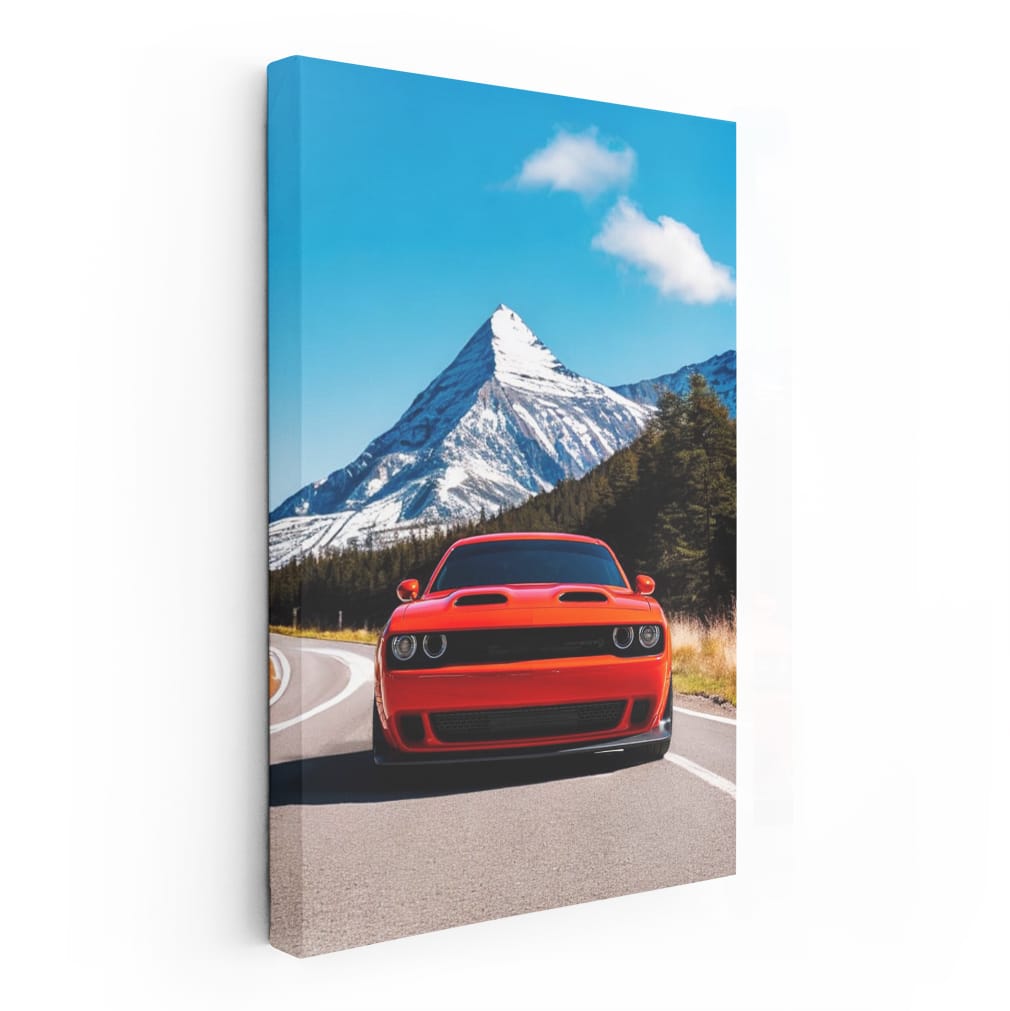 Red Dodge with Snowy Mountain Backdrop - Bold and Adventurous