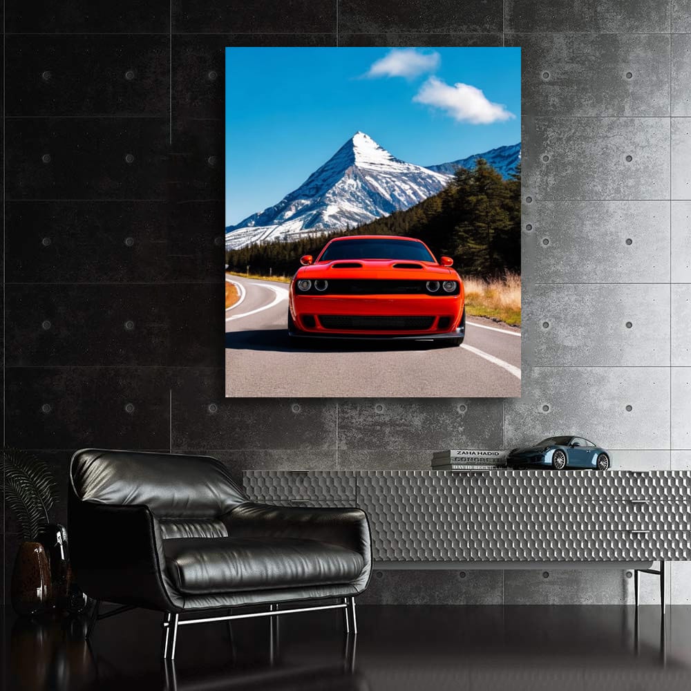 Red Dodge with Snowy Mountain Backdrop - Bold and Adventurous