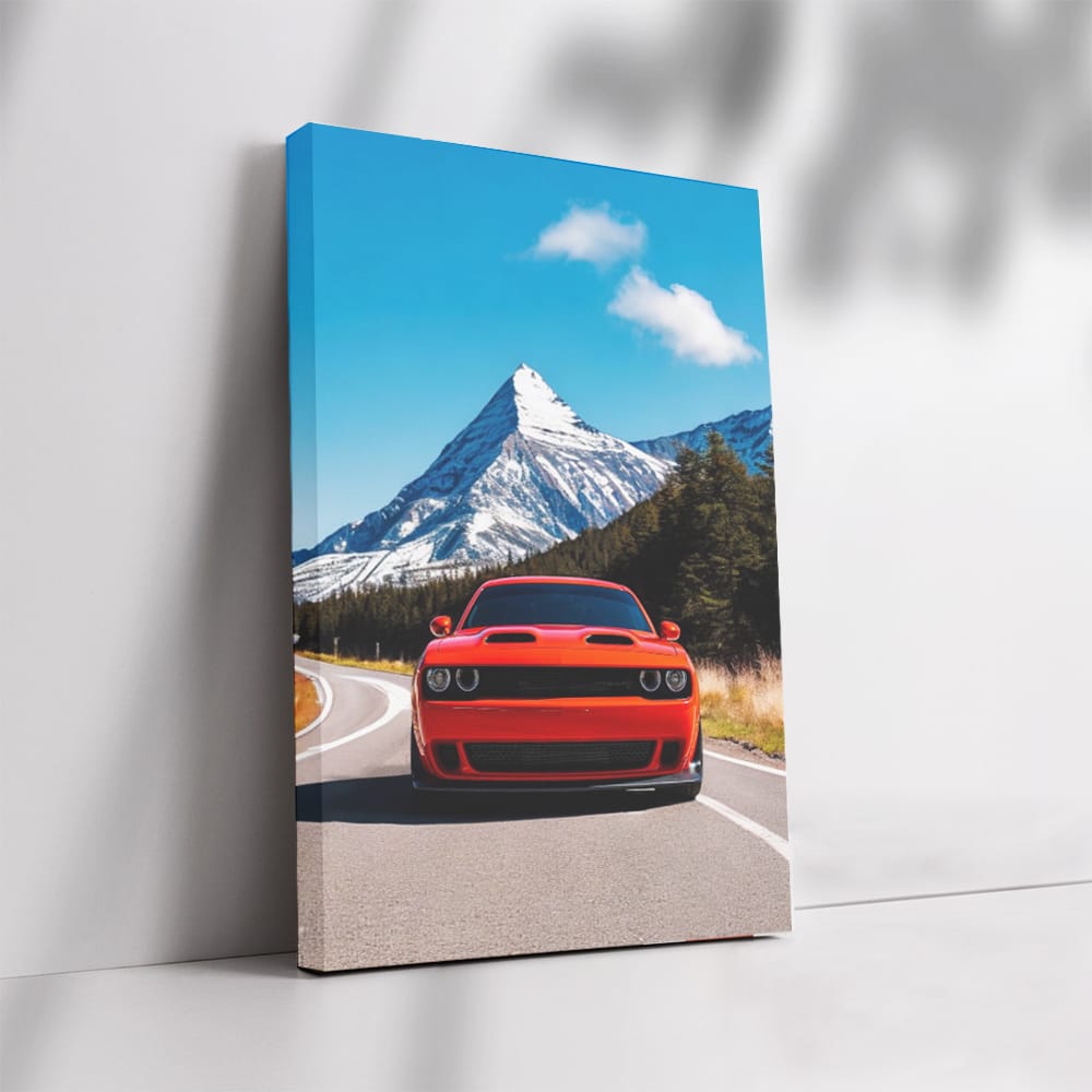 Red Dodge with Snowy Mountain Backdrop - Bold and Adventurous