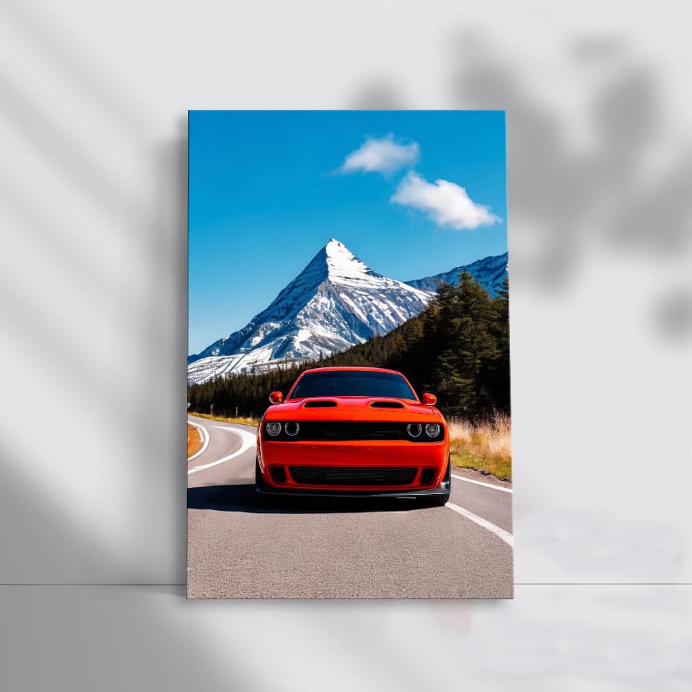 Red Dodge with Snowy Mountain Backdrop - Bold and Adventurous