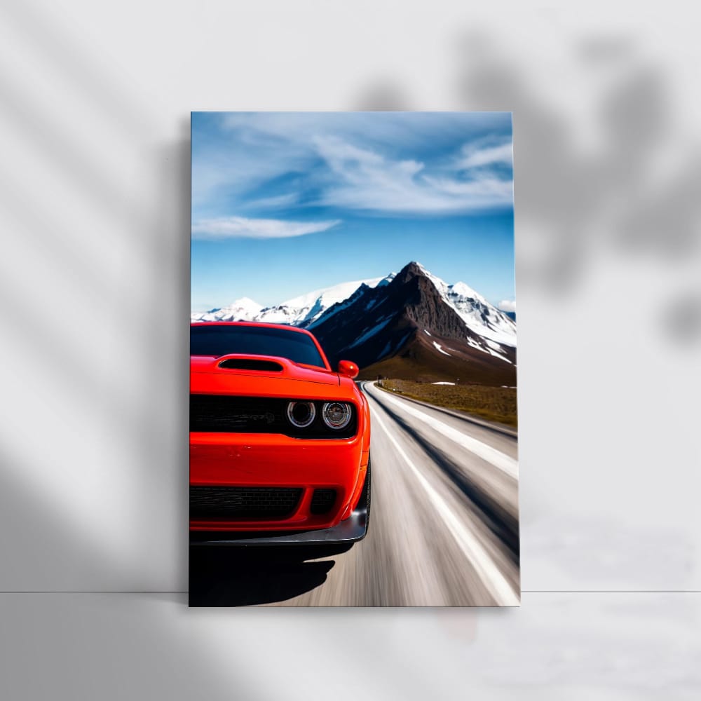 Red Dodge in Snowy Mountains - Bold Statement in Power
