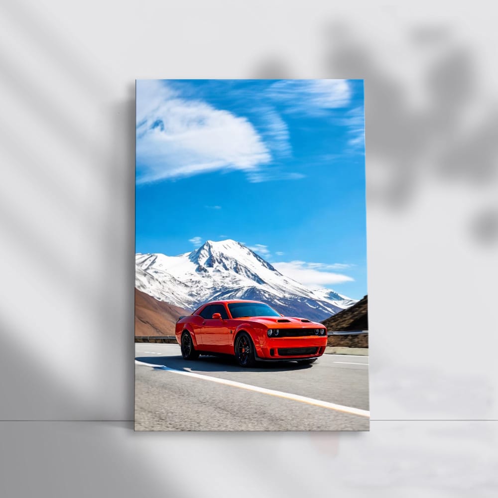 Red Dodge with Snowy Mountains - Rugged and Bold Adventure