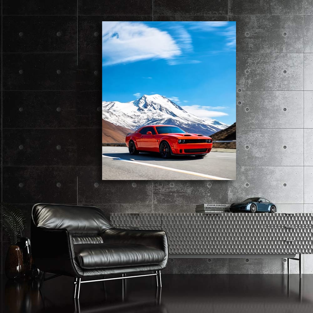 Red Dodge with Snowy Mountains - Rugged and Bold Adventure