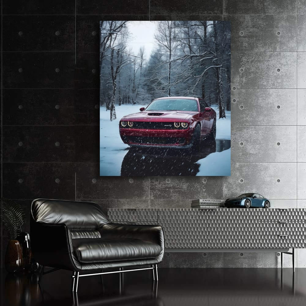 Red Dodge Driving Through Snow - Bold and Resilient