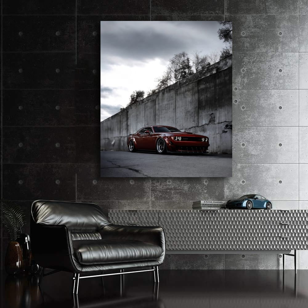 Red Dodge by Concrete Wall - Bold and Powerful Design