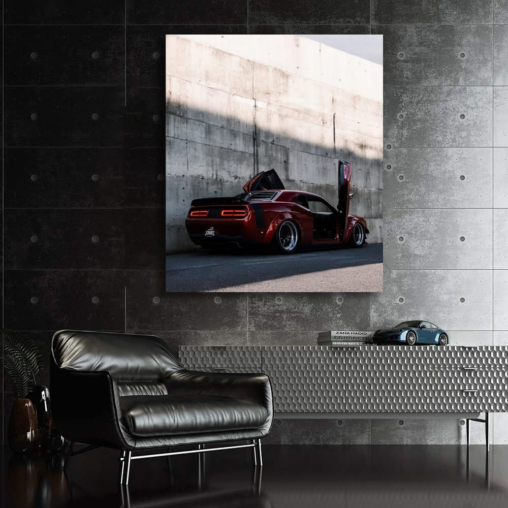 Red Dodge Beside Concrete Wall - Bold and Powerful Ride