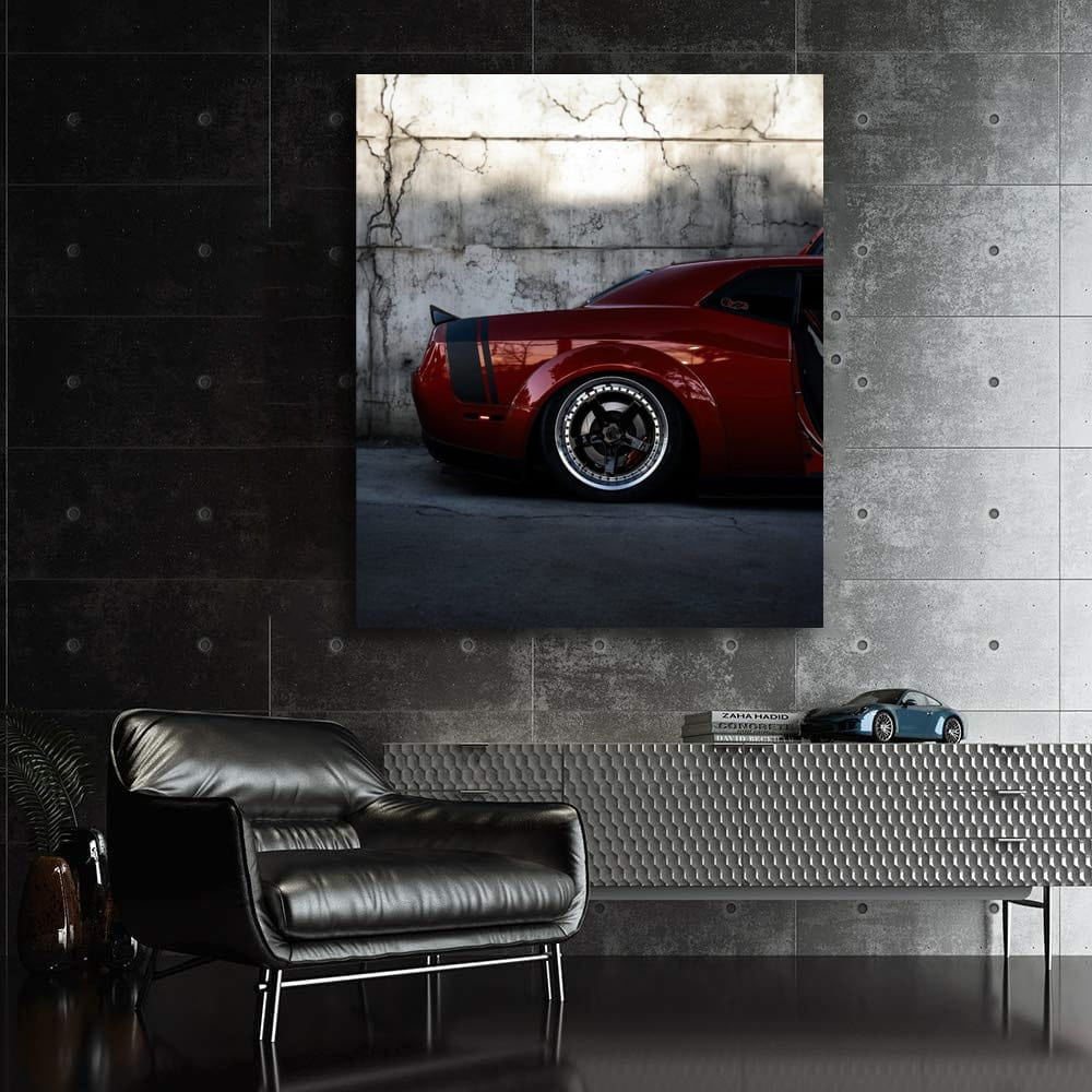 Red Dodge by Concrete Wall - Bold and Dynamic Design