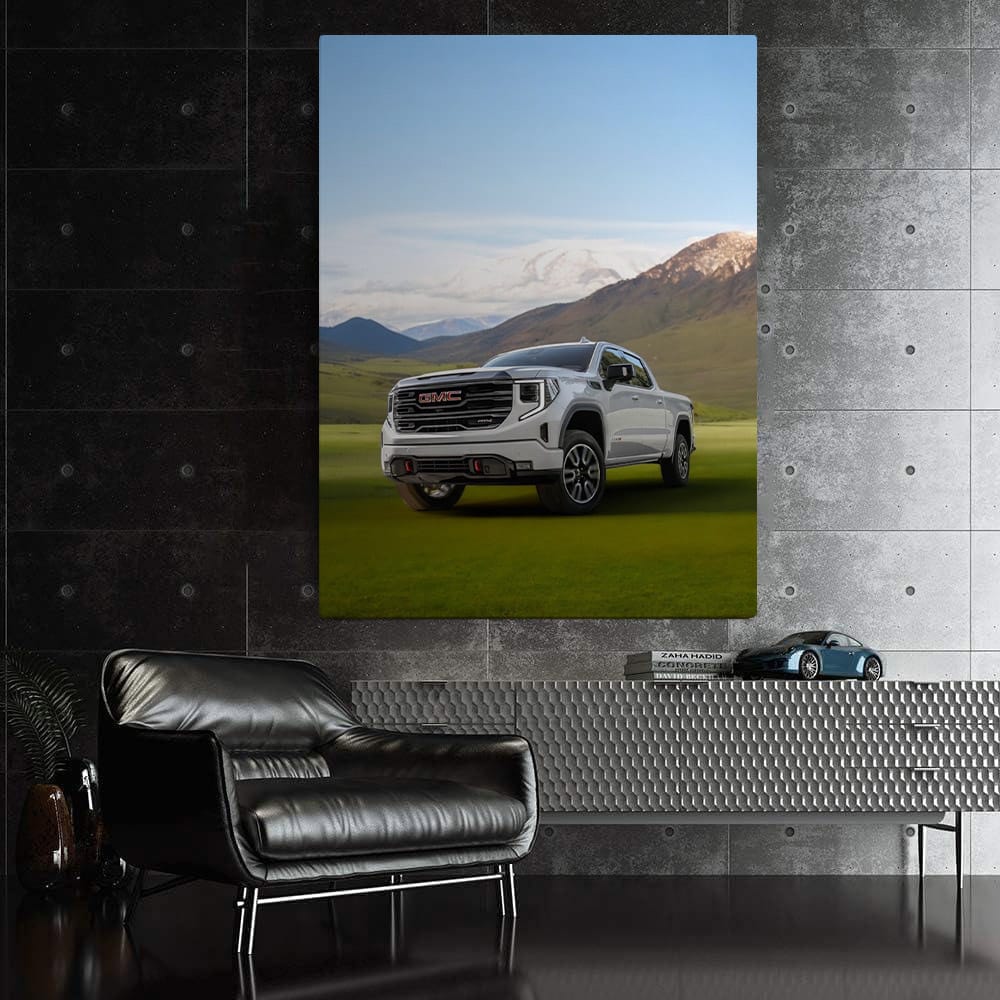 GMC Sierra on Green Lawn, Majestic Mountains Behind - Rugged Power
