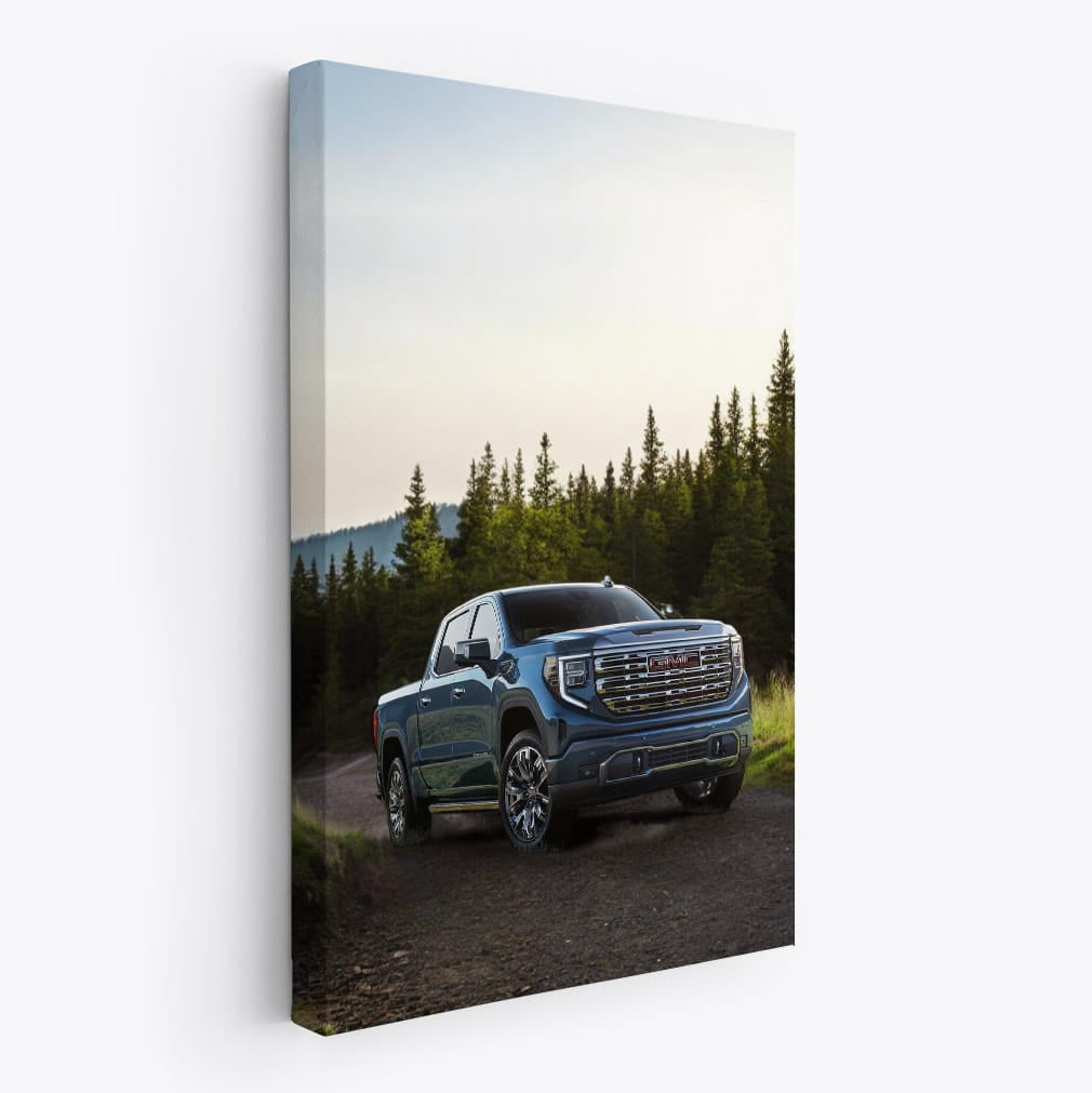 GMC Sierra Tackles Rocky Path, Majestic Pines Behind - Rugged Elegance