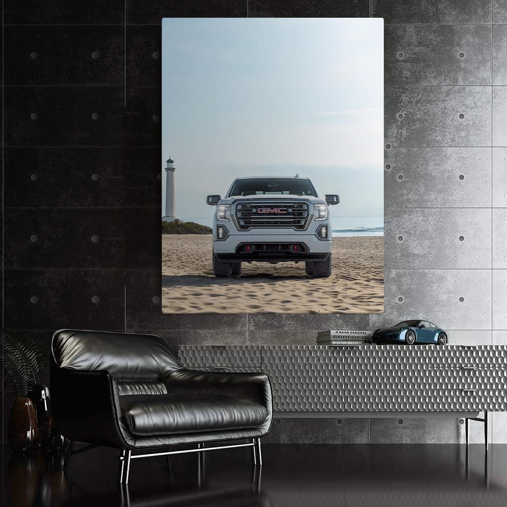 GMC Sierra on Beach with Lighthouse - Rugged Adventure