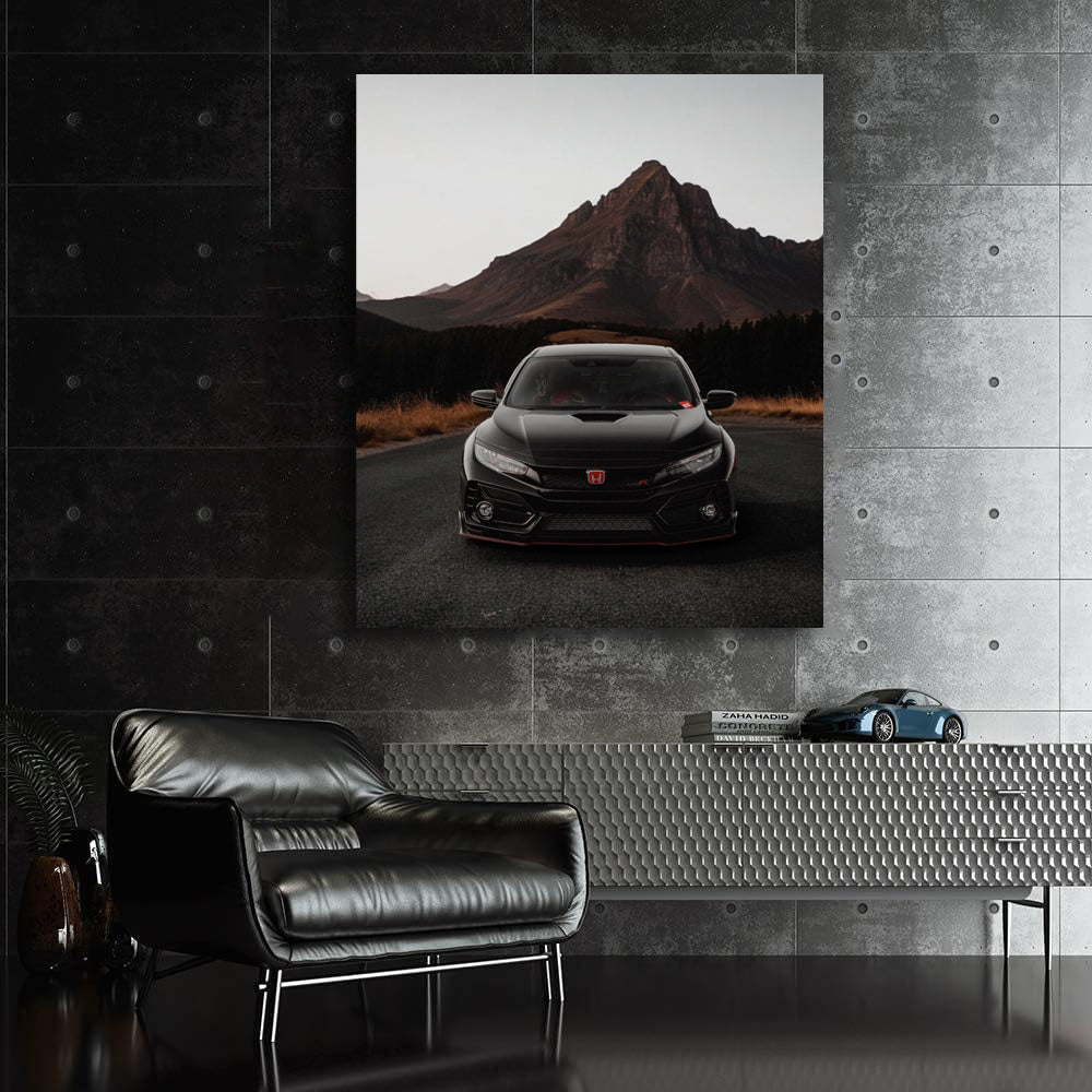 Black Honda Civic in Mountainous Terrain - Sleek and Adventurous
