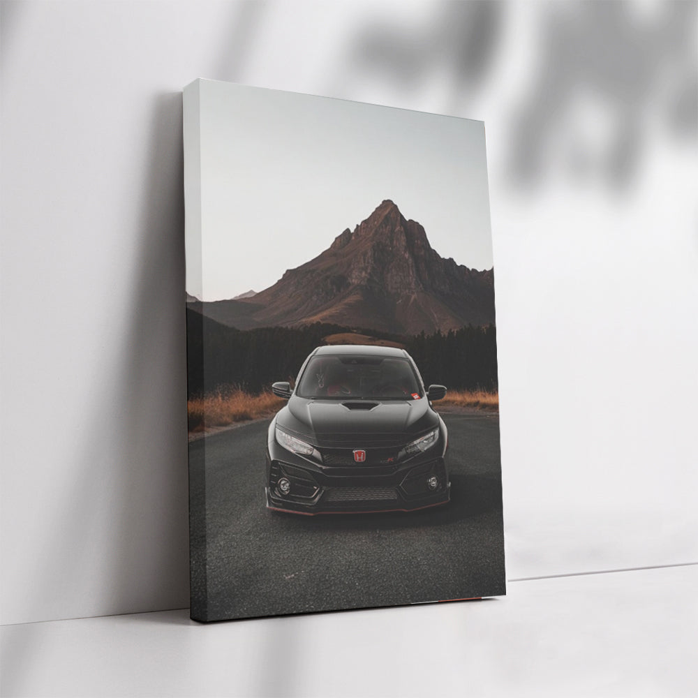 Black Honda Civic in Mountainous Terrain - Sleek and Adventurous