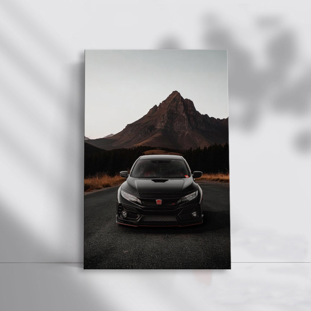 Black Honda Civic in Mountainous Terrain - Sleek and Adventurous