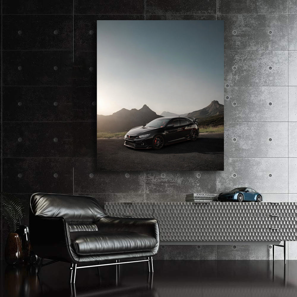 Black Honda Civic in Mountainous Terrain - Sleek Adventure