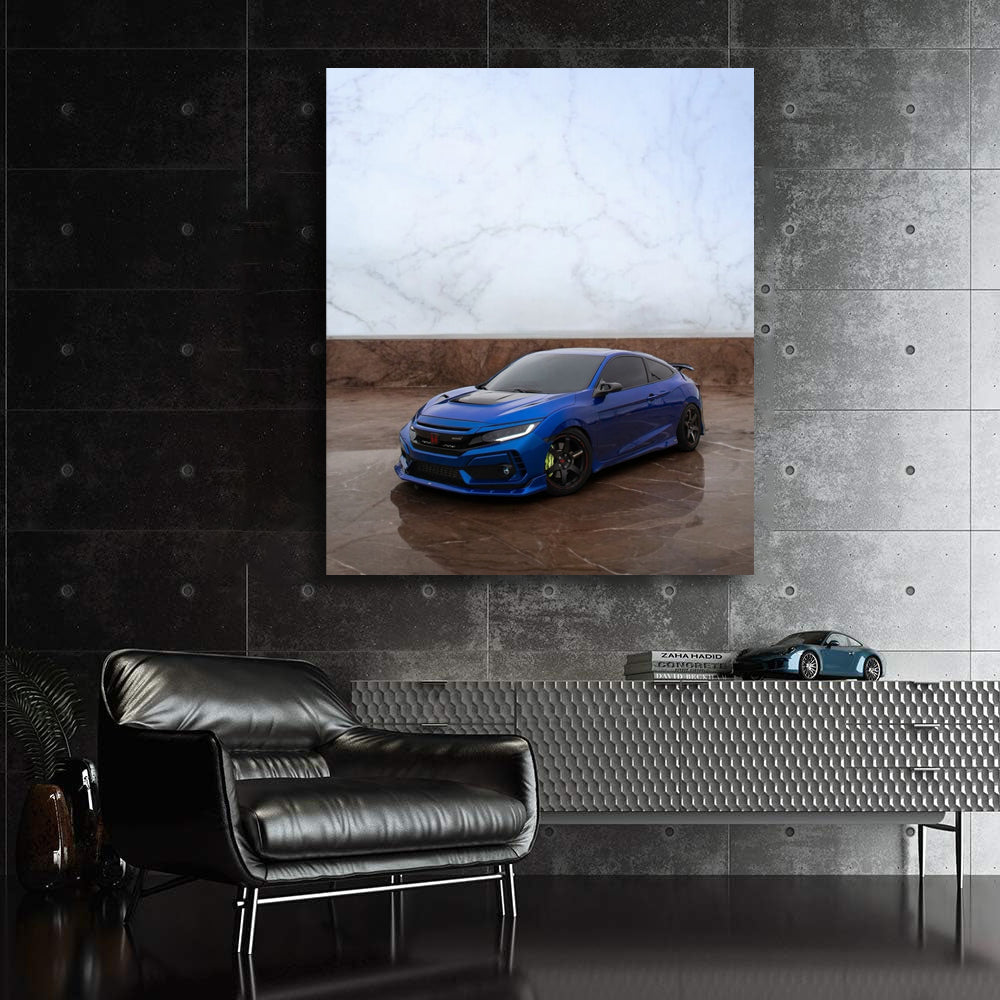 Blue Honda Civic Against Marble - Sleek Style and Elegance