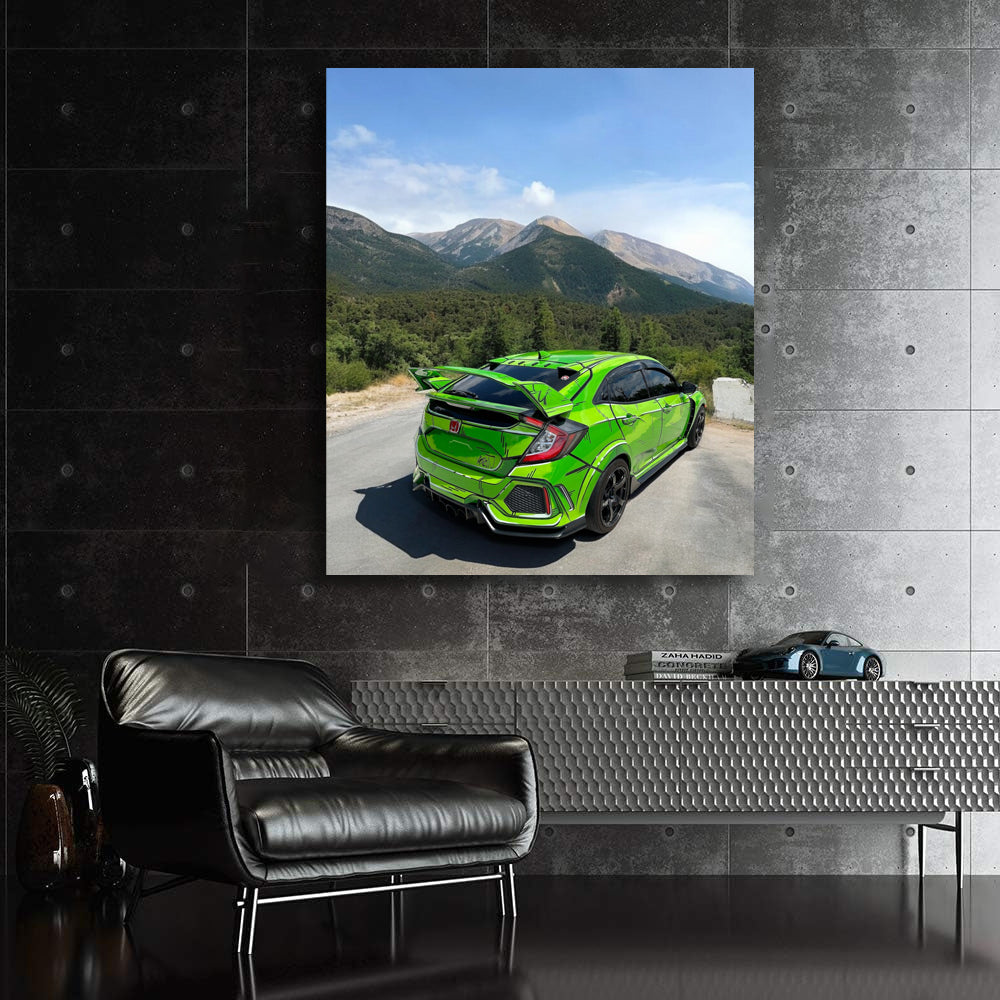 Green Honda Civic in Mountain Scenery - Stylish and Reliable