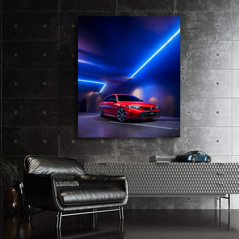 Radiant Red Honda Civic in Neon Light - Bold and Dynamic