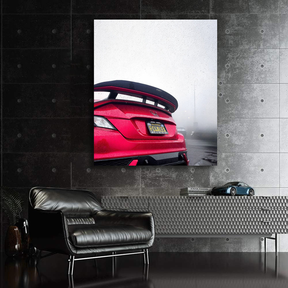 Red Honda Civic in Rain - Stylish and Dynamic Car