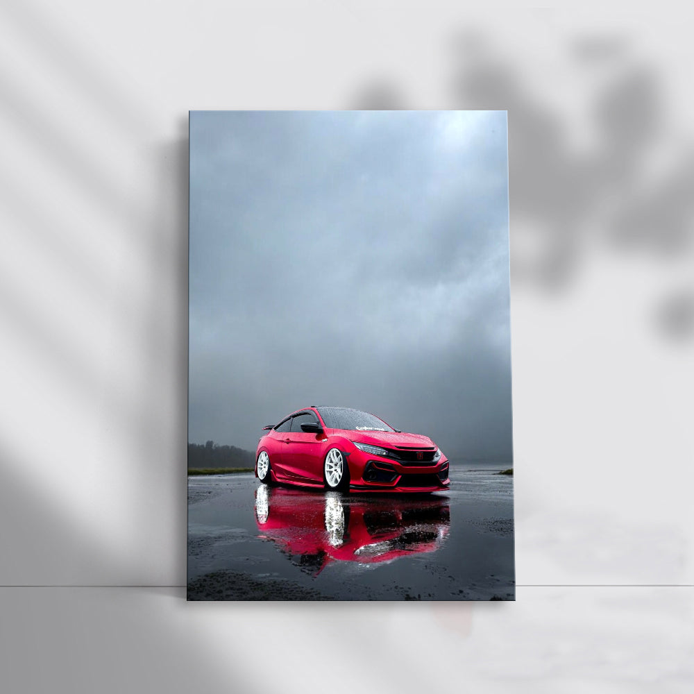 Red Honda Civic in Rain - Dynamic Elegance