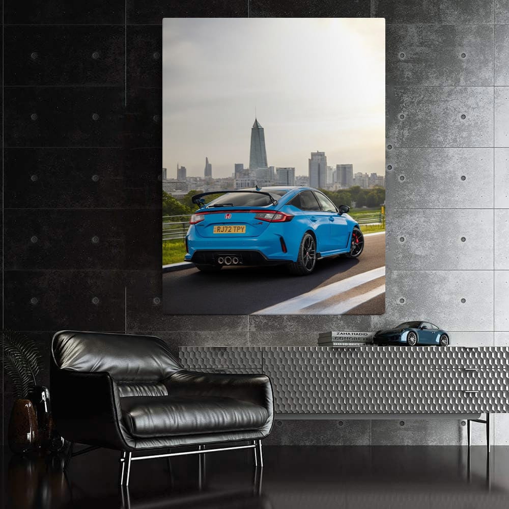 Honda Civic Type R Racing with Vibrant City Skyline - Dynamic Power