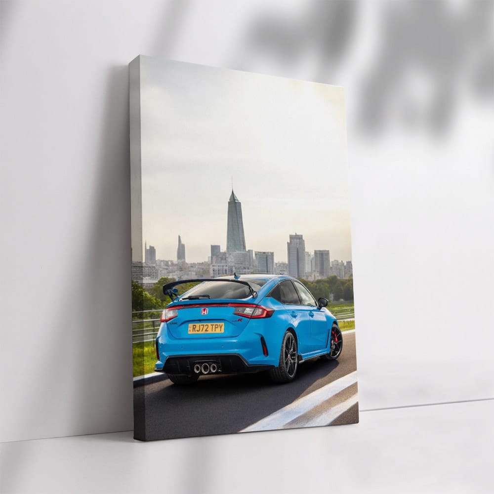 Honda Civic Type R Racing with Vibrant City Skyline - Dynamic Power
