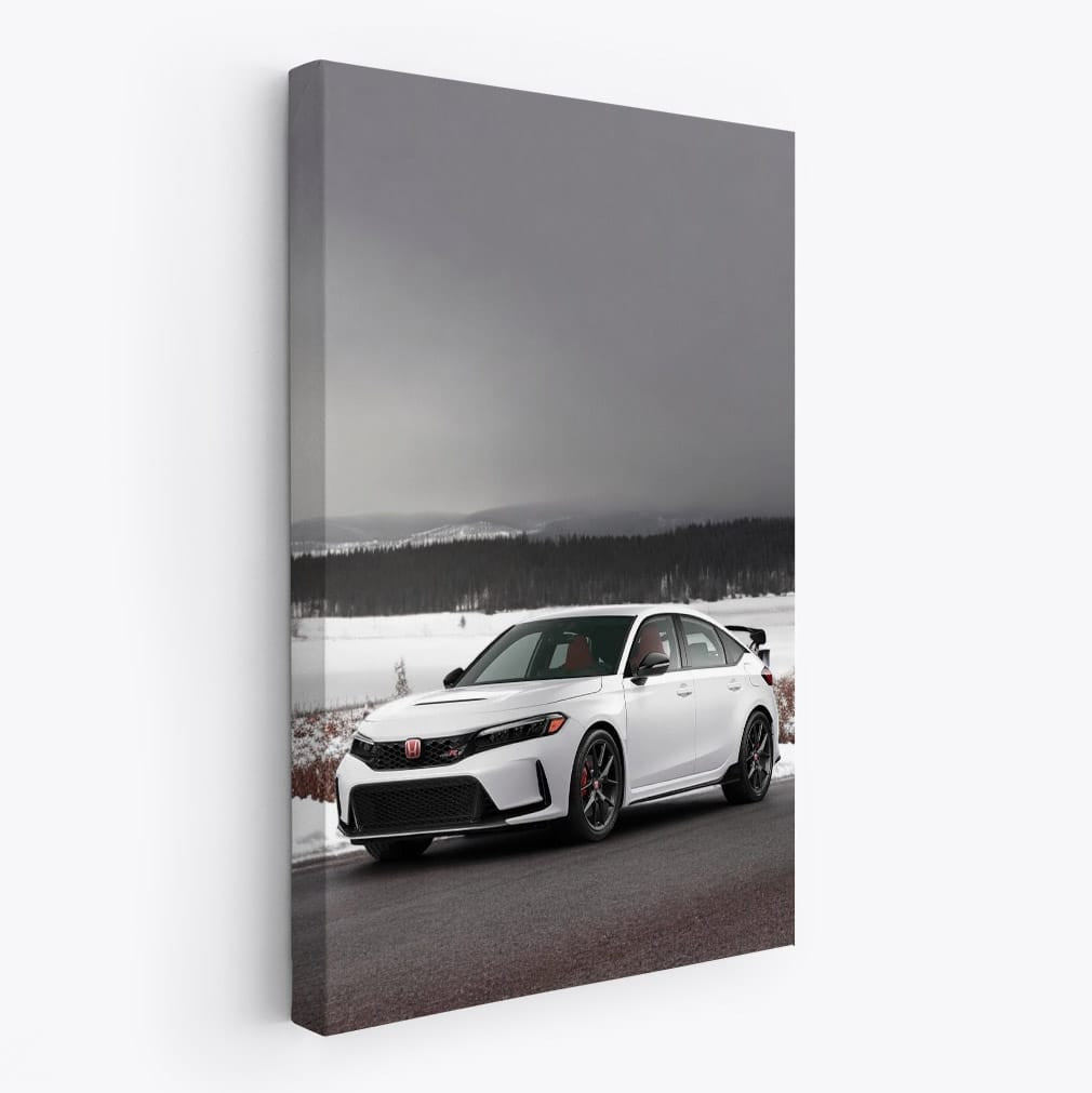 Honda Civic Type R on Snowy Road, Meadow Backdrop - Sporty Thrill
