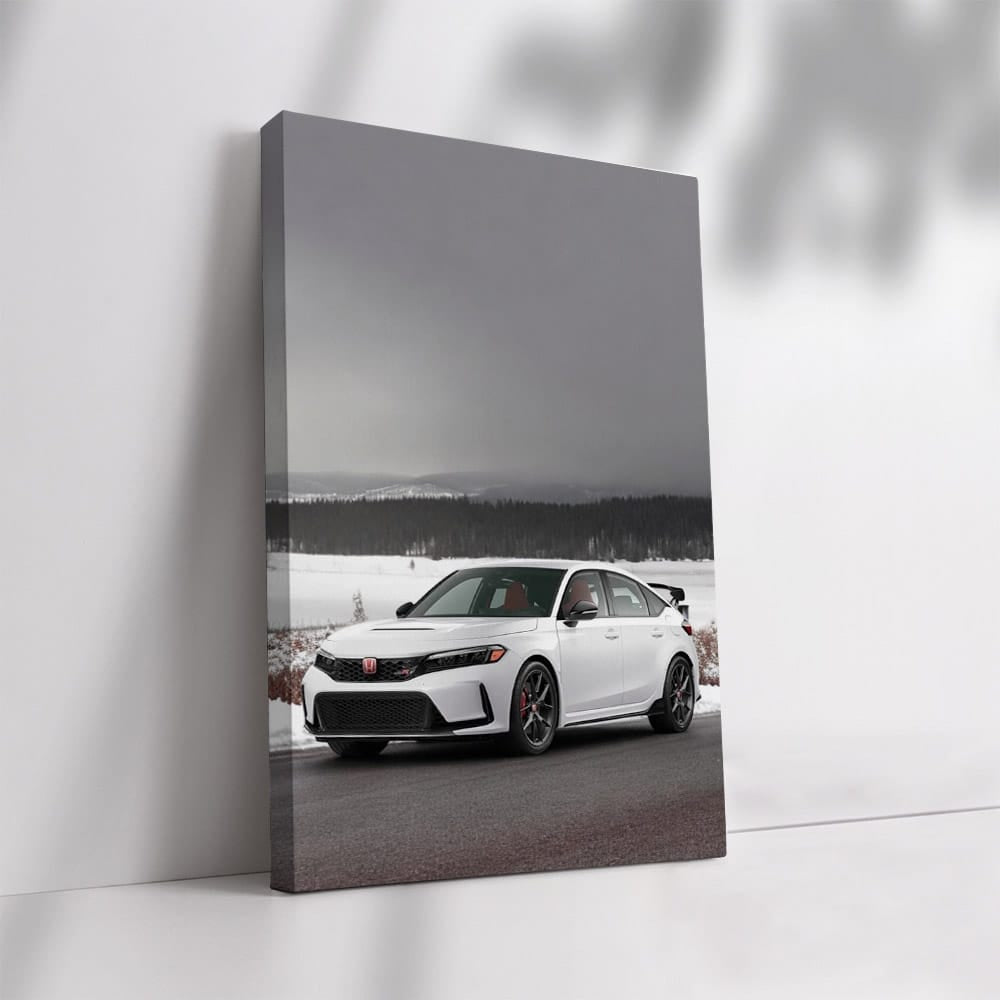 Honda Civic Type R on Snowy Road, Meadow Backdrop - Sporty Thrill