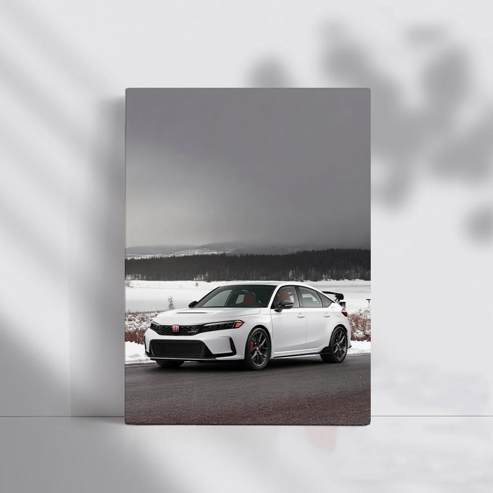 Honda Civic Type R on Snowy Road, Meadow Backdrop - Sporty Thrill